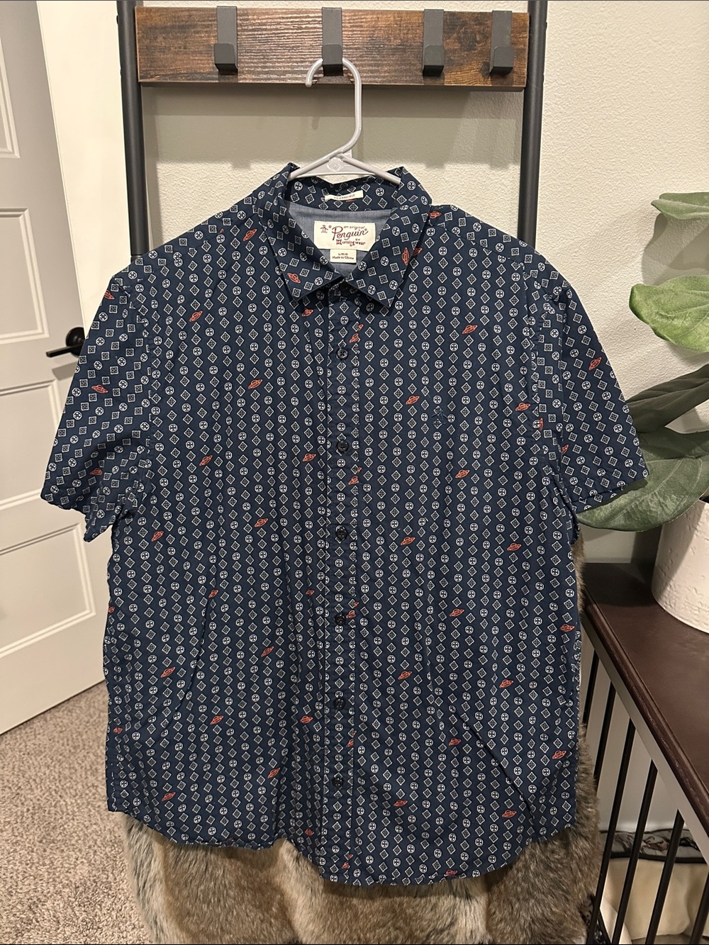 Originals Penguin Navy Short-Sleeve UFO Print Button-Down Shirt
